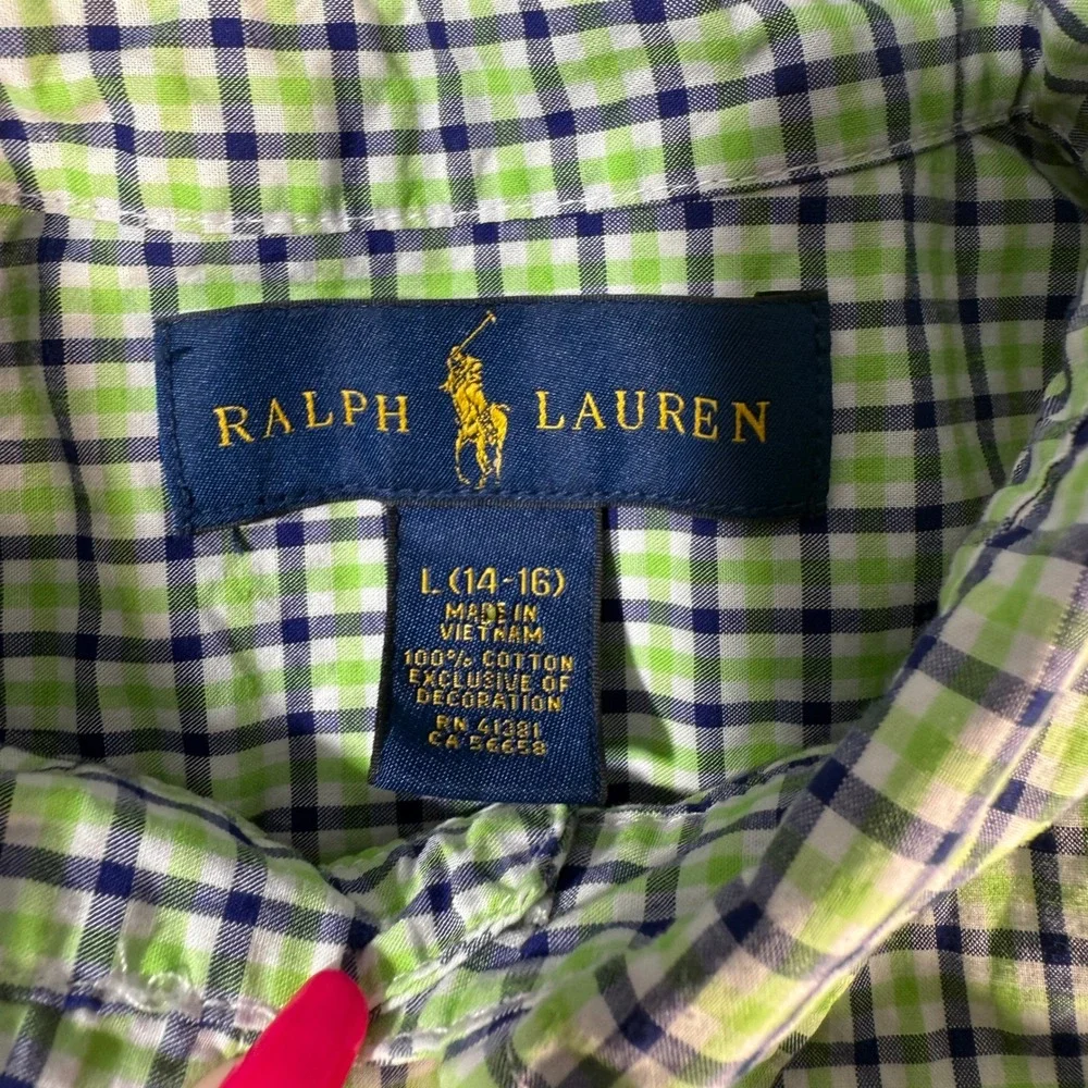 Kids Ralph Lauren Long Sleeve Button Down Shirt Plaid Green Navy‎ L (14-16)